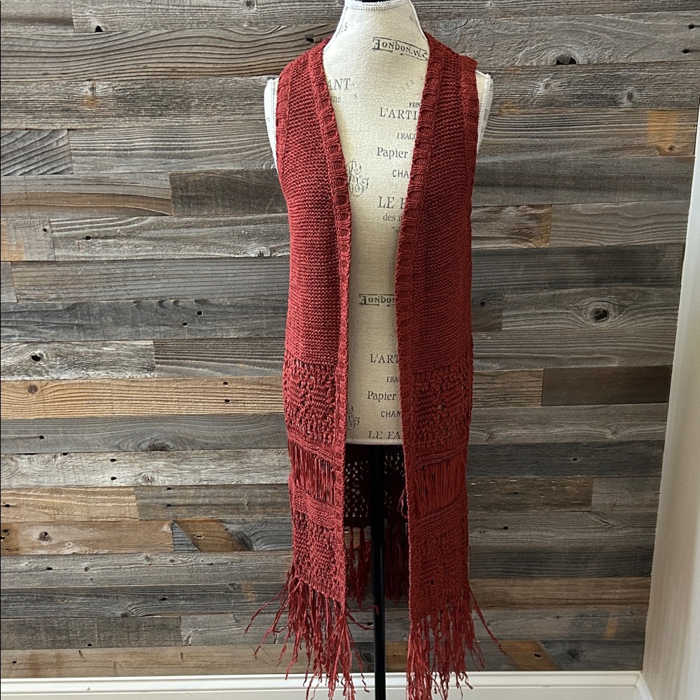 Moon River Fringed Rust Knit Longline Vest NWT